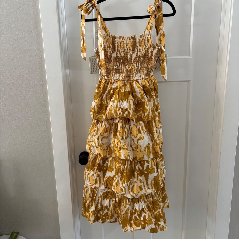 Cleobella‎ Shae Ruffle Tiered Midi Dress Yellow Tie Shoulder Smocked Boho XS